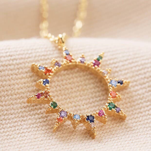 Rainbow Crystal Sunburst Pendant Necklace in Gold