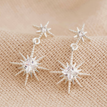 Crystal Double Star Drop Earrings in Silver