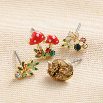 Set of Four Enamel Woodland Stud Earrings in Gold