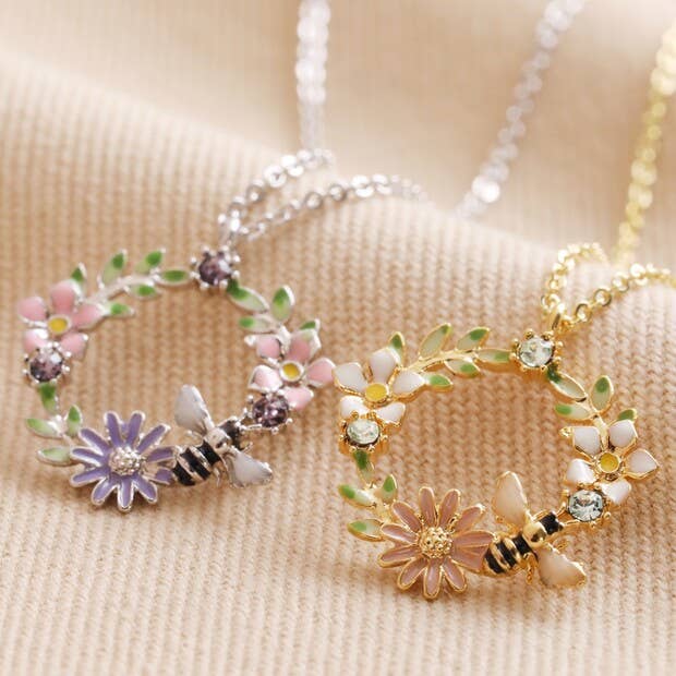 Crystal Flower and Enamel Bee Pendant Necklace: Gold